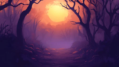 Sunset Forest Path: Golden Hour Through Ancient Trees