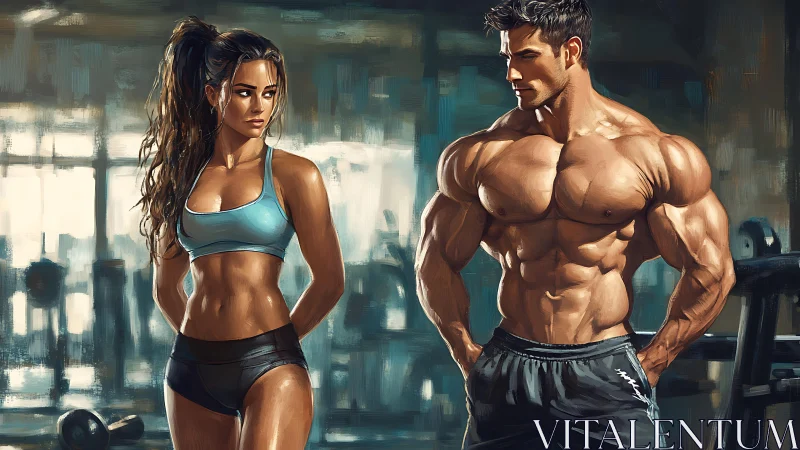 Sculpted gym duo trading glances in painted muscle symphony.