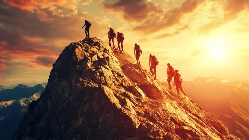 Sunlit hikers scale a rugged summit ridge at golden hour.