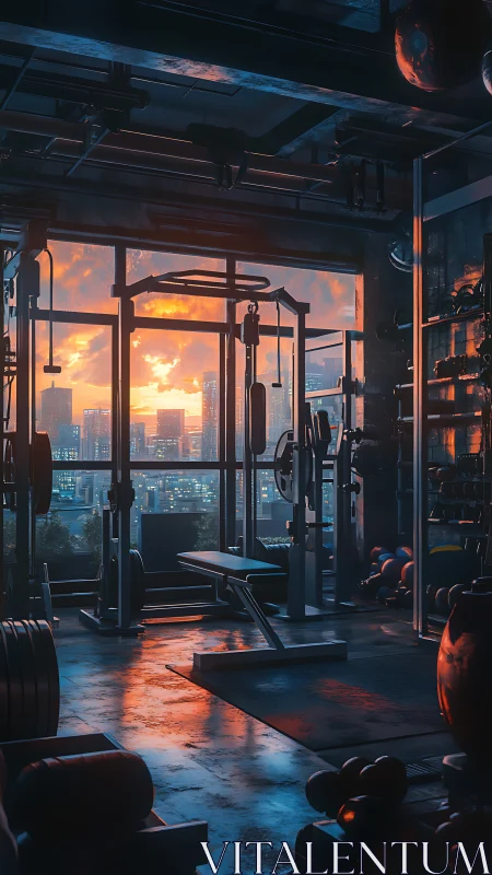 Urban weight training room with sunset city backdrop.