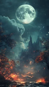 Full Moon Over Gothic Castle Engulfed Flames