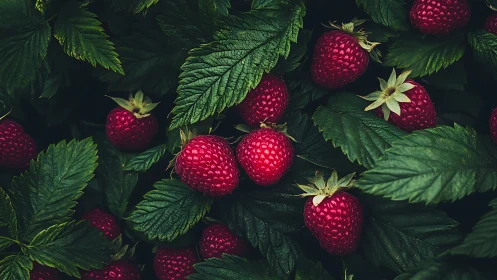 Raspberry constellations tucked in midnight garden leaves.