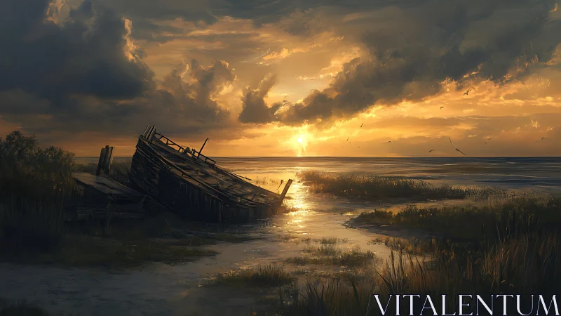Decayed wooden shipwreck in tidal marsh under volumetric sunset light