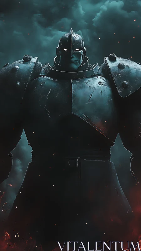 Armored knight figure in dark stormy cinematic scene.