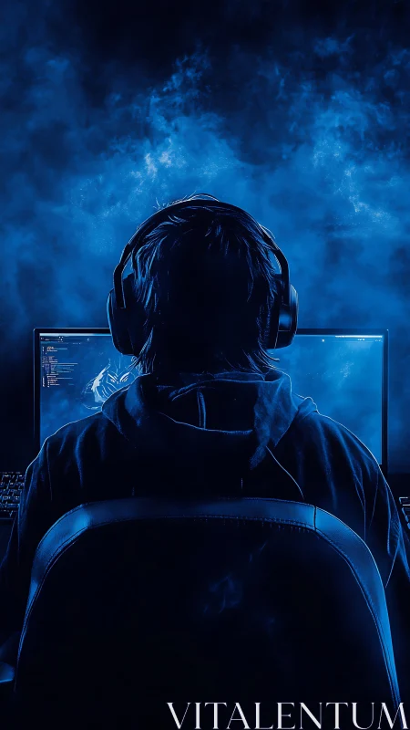 Midnight coder emerges in neon blue digital storm glow.