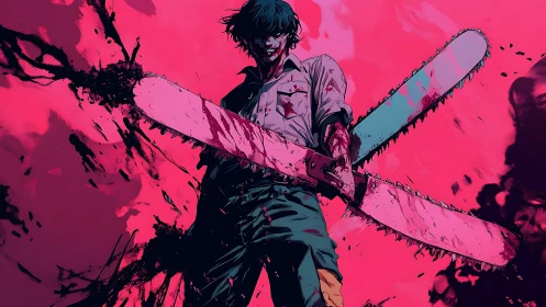 Bloodied fighter wields dual chainsaws against vivid pink void