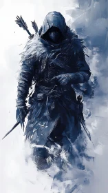 Hooded rogue figure in winter gear within icy abstraction.