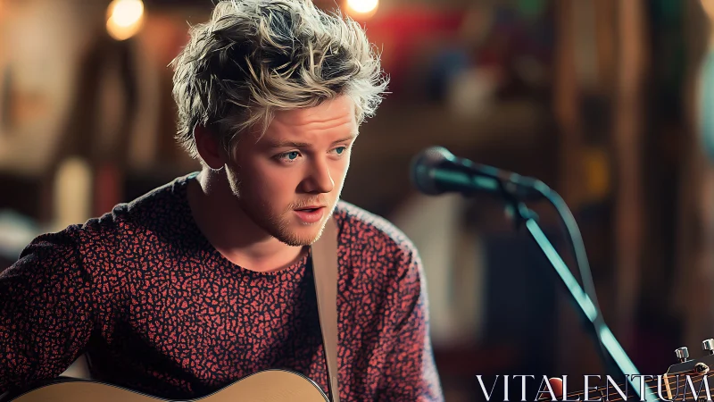 Young musician performs acoustic song under warm lights.