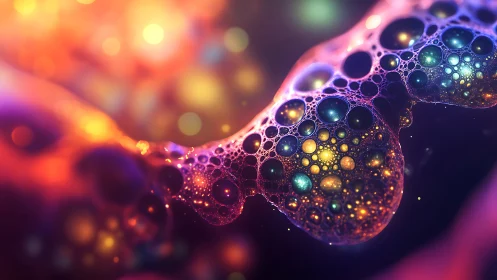 Colorful macro view of luminous soap bubbles cluster.