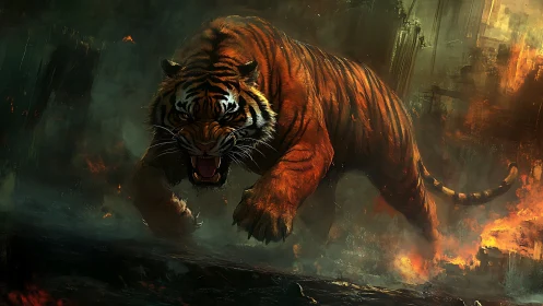 Ferocious tiger charging forward through fire and smoke.