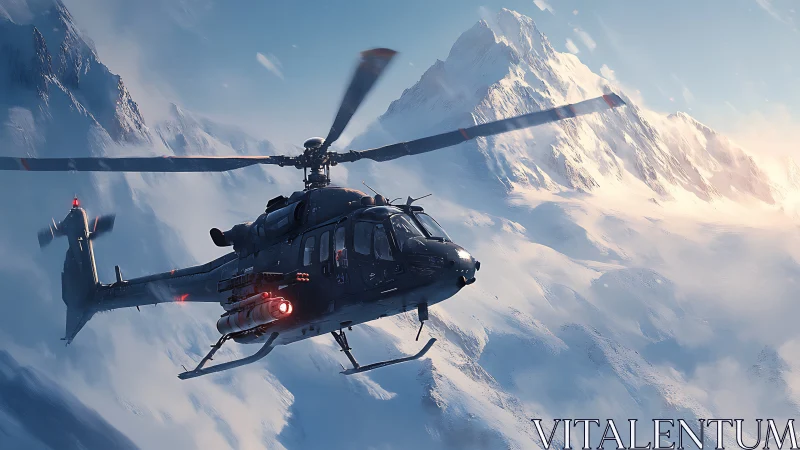 Armed rescue helicopter cuts through icy mountain sunrise skies