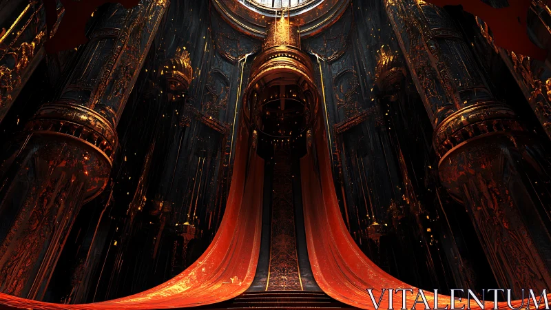 Baroque cathedral throne rendered in high-contrast volumetric lighting