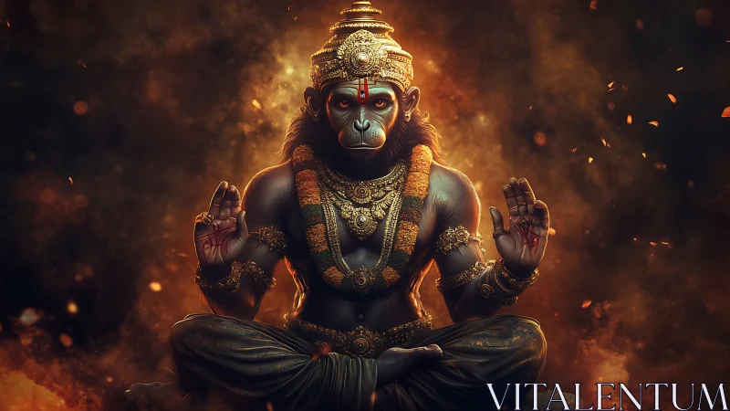 Hyperreal simian deity in lotus pose with ember-lit aura