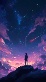 Silhouetted child observing meteor streaks in vivid night sky.