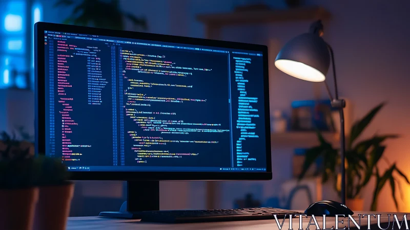 Wide desktop monitor displays colorful source code in moody studio