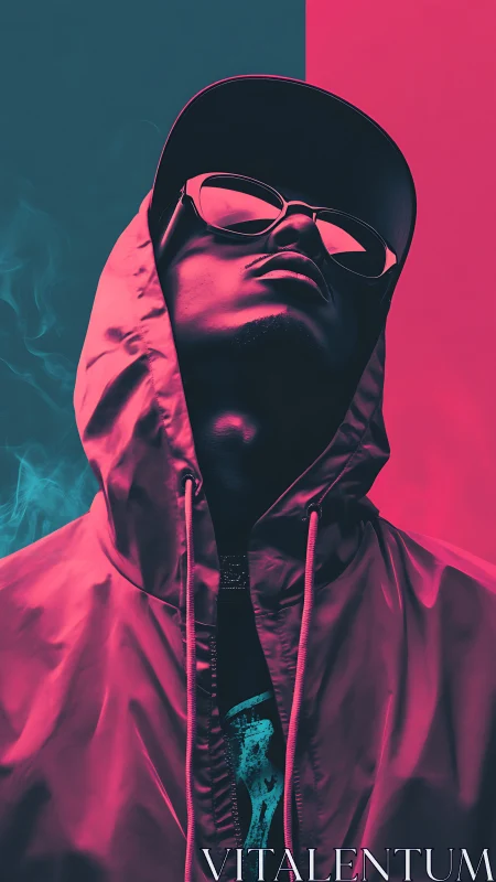 Hooded figure in sunglasses under split teal and pink lighting
