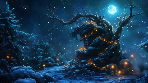 Twisted winter tree wrapped in orange lights under moonlit sky.