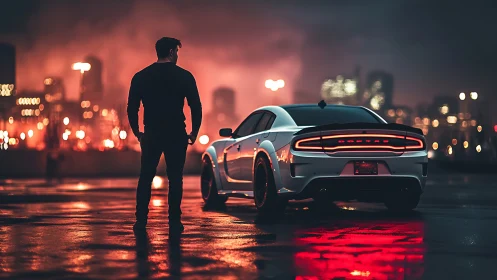 City lights glow as a lone driver and sleek car share the night