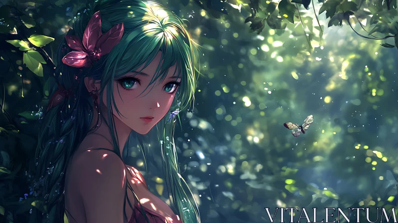Green haired girl in forest clearing with single butterfly.