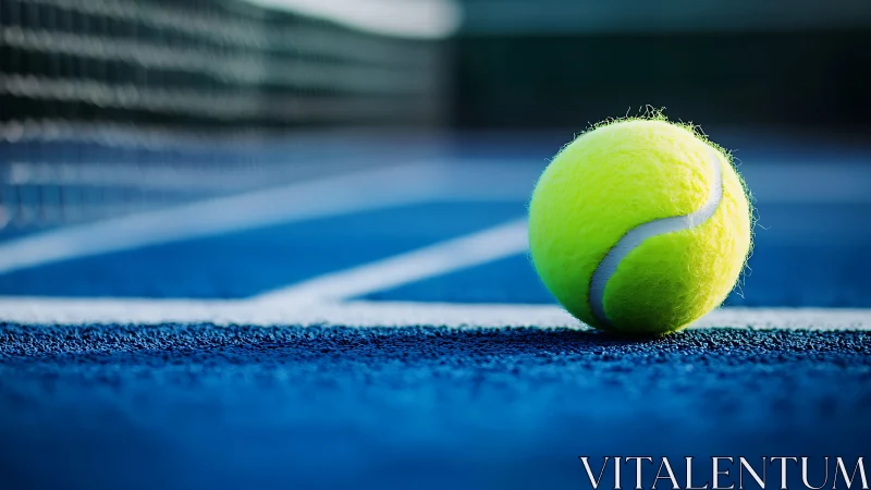 Close tennis ball on blue hard court with white lines.