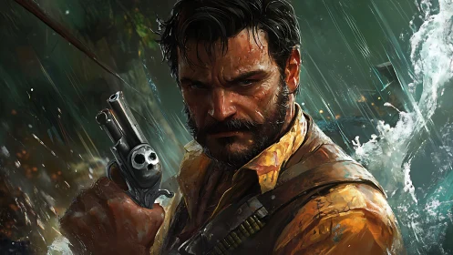 Storm-soaked gunslinger holds steady under the driving rain