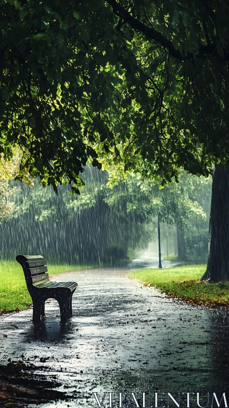 Park bench and wet pathway under dense rain-soaked foliage.