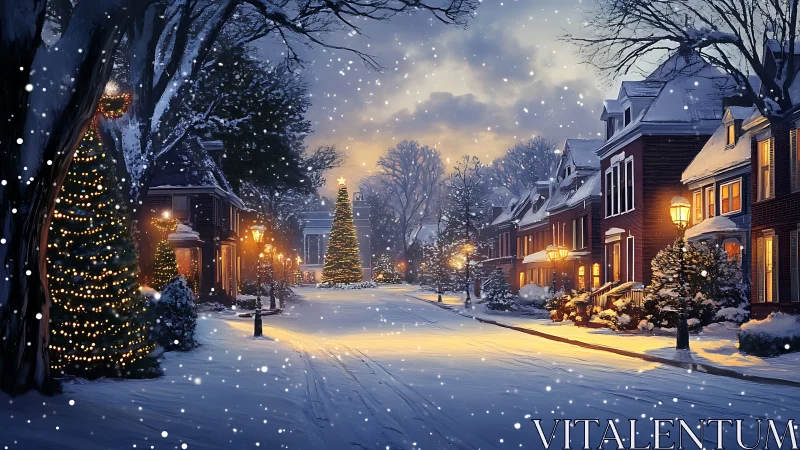 Snowy suburban street with glowing Christmas tree lights.