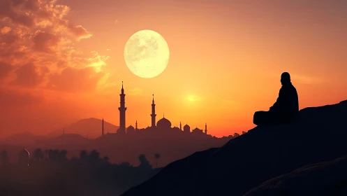 Silhouette of seated figure above mosque skyline at sunset