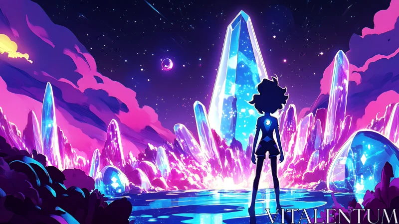 Silhouette hero facing glowing crystal landscape at night.