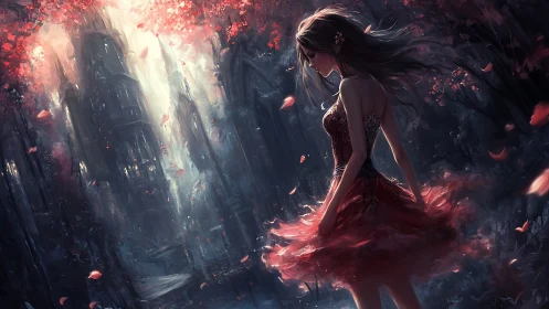Woman in red dress stands near dark cathedral in forest