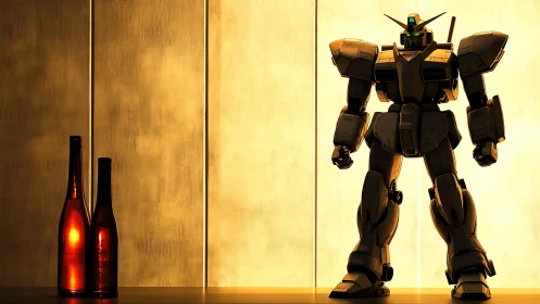 Golden-lit robot guardian beside glowing glass bottles.