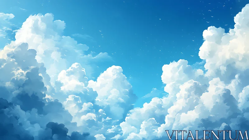 Sunlit cumulus clouds gathered under clear blue sky.