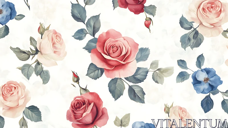 Botanical floral pattern with roses and leaves.