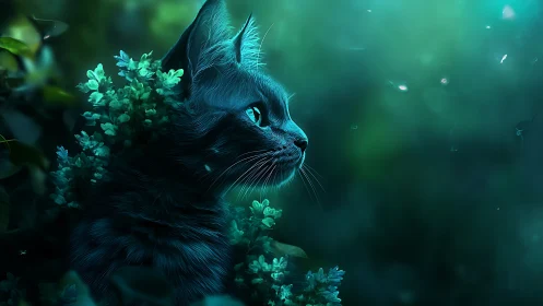 Emerald Sentinel: Where Feline Dreams Meet Bioluminescent Wonder.