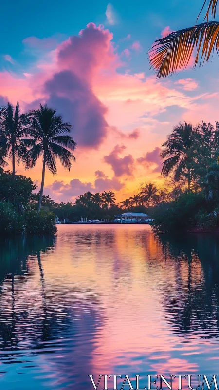 Tropical lagoon reflects vivid sunset clouds in tranquil silence