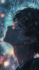 Side profile of youth in rainfall with city light bokeh.