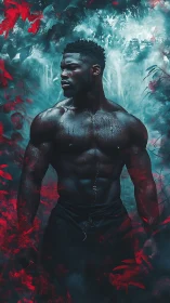 Muscular male figure in mist with red foliage accents.