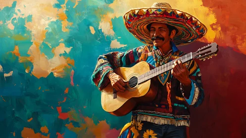 Vibrant Mexican guitarist in traditional textiles, abstract backdrop