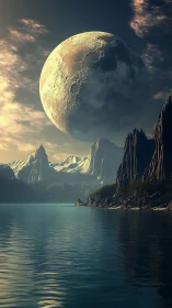 Gigantic cratered moon above icy alien mountainscape.