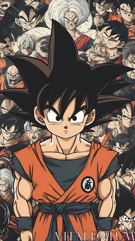 Central anime fighter is framed by multiple background portraits