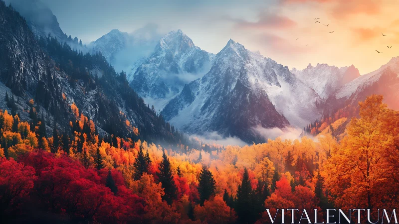 Autumn firestorm under brooding ice crowned mountain guardians.