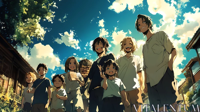 Summer day group of smiling children in rural street.