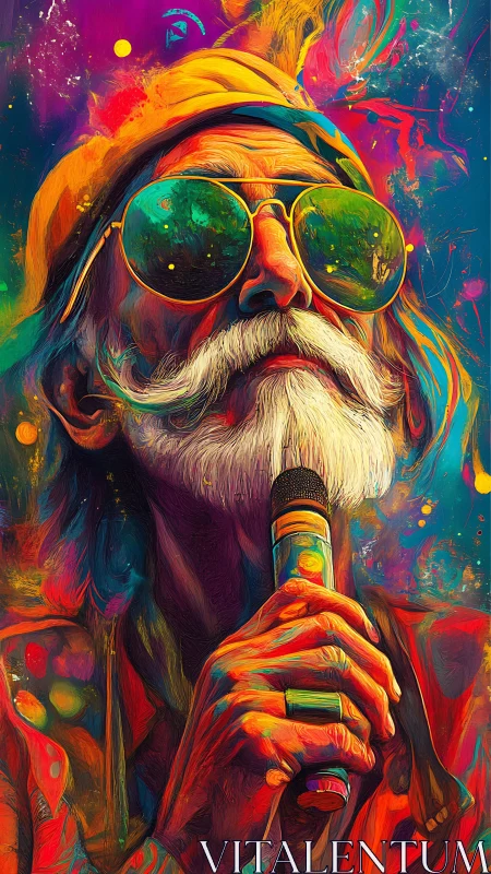 Psychedelic elder singer holds microphone in neon spectrum.