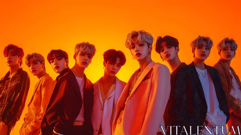 Nine stylish young men posed against vivid orange sky.