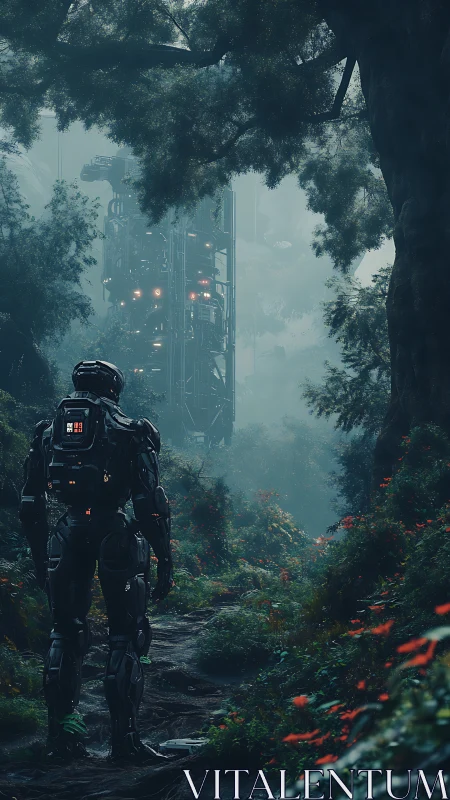 Solitary recon android surveying industrial tower in misted forest