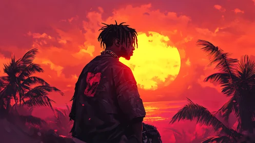 Digital sunset portrait over neon tropical shoreline.