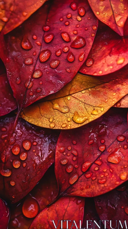Close-up view of wet red leaves with scattered water droplets.