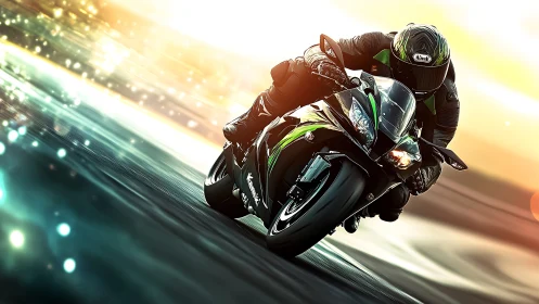 Neon-etched superbike devouring sunset-slick asphalt corners.