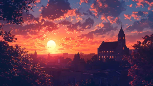 Sunlit city skyline under glowing orange cloud sunset.