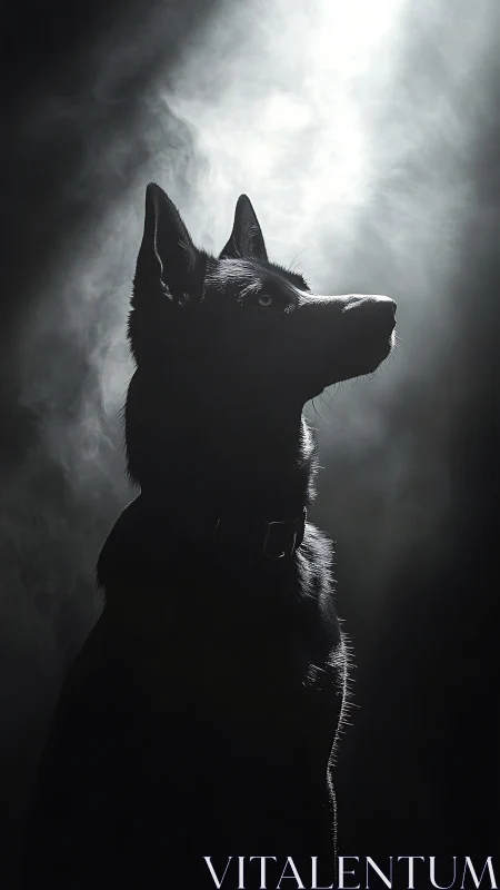 Dog silhouette sits in hard backlight with rising smoke